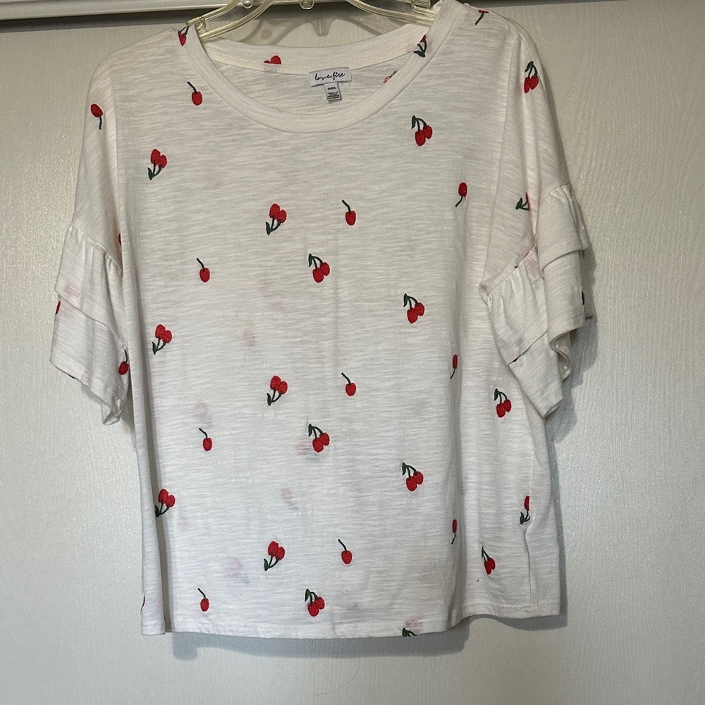 love, Fire White Tee with Red Cherry Print and Ruffle Short Sleeves